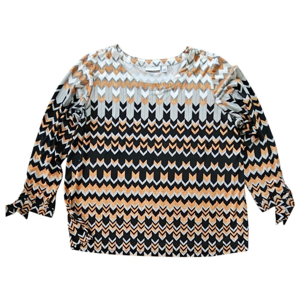 Susan Graver 3/4 Tie Sleeve Liquid Knit Top Size 2X Geometric Chevron Black Tan